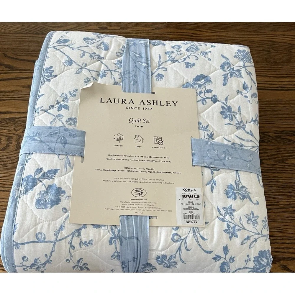 Laura Ashley Twin Quilt Sham Set Cotton Blue White Floral Dorm Room Cottagecoore